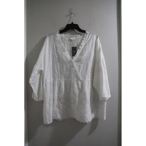 J Jill LP Petite White Eyelet Embroidered V Neck Long‎ Sleeve Tunic Top